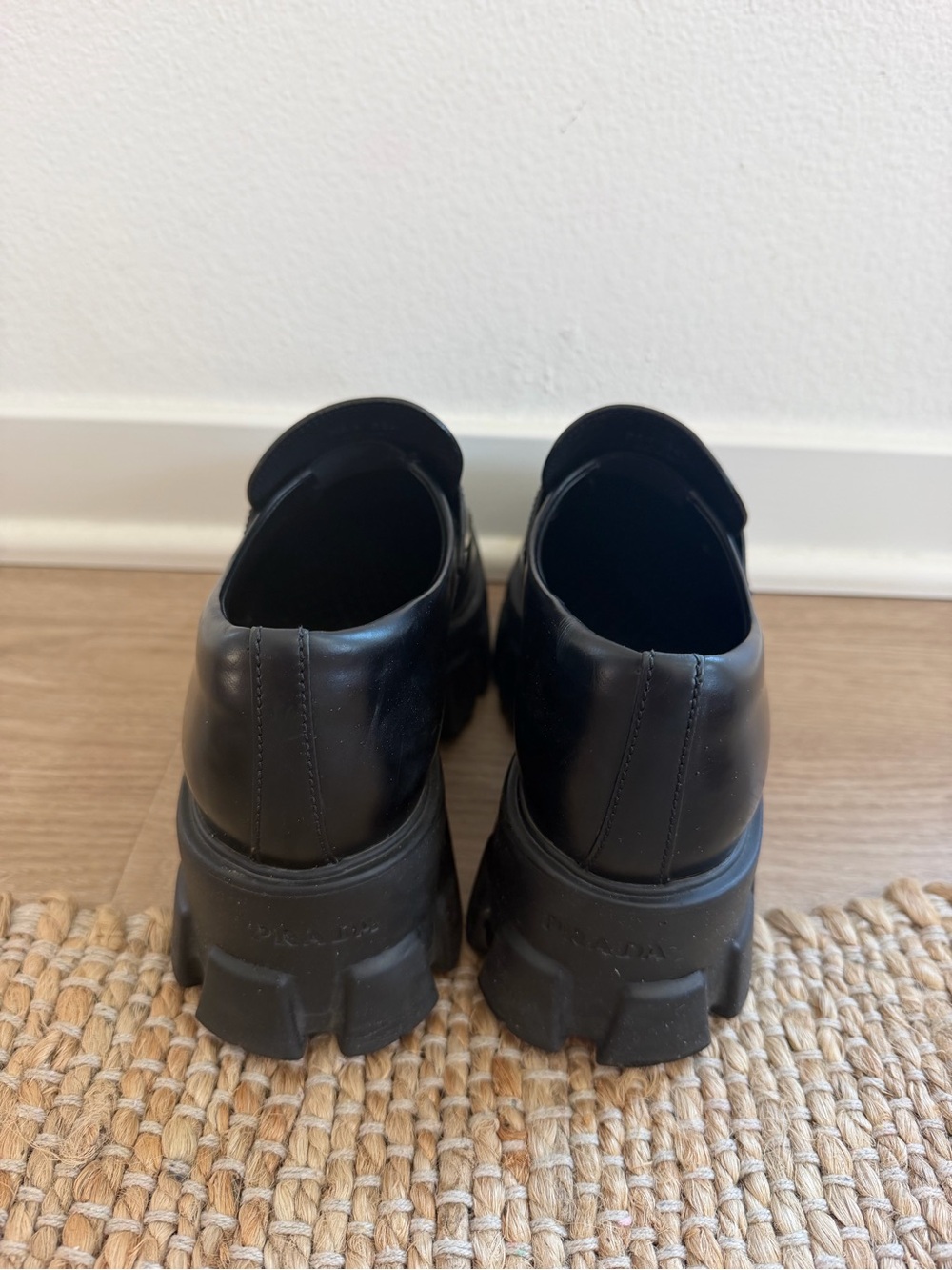 Prada Black Leather Chunky Lug-Sole Slip-On Loafers - Picture 3 of 4